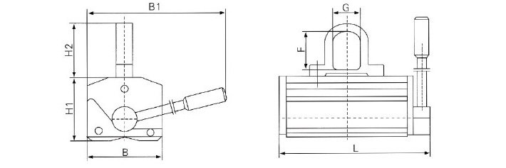 強(qiáng)力永磁起重器結(jié)構(gòu)尺寸圖 強(qiáng)力永磁起重器結(jié)構(gòu)尺寸圖
