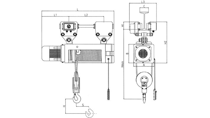 懸掛式鋼絲繩電動葫蘆結構尺寸圖 懸掛式鋼絲繩電動葫蘆結構尺寸圖