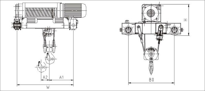 SH型雙梁小車式鋼絲繩電動(dòng)葫蘆結(jié)構(gòu)尺寸圖 SH型雙梁小車式鋼絲繩電動(dòng)葫蘆結(jié)構(gòu)尺寸圖