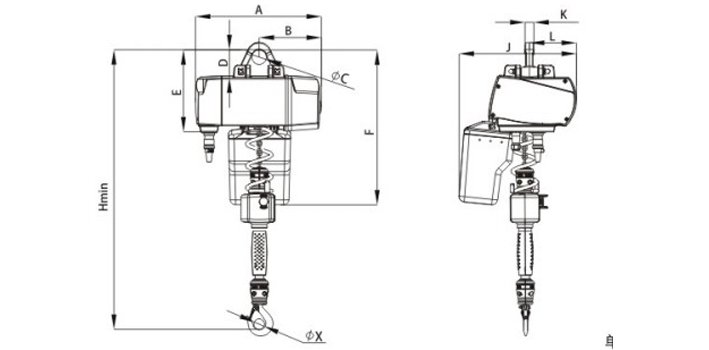 手持控制變頻環(huán)鏈電動葫蘆尺寸圖 手持控制變頻環(huán)鏈電動葫蘆尺寸圖